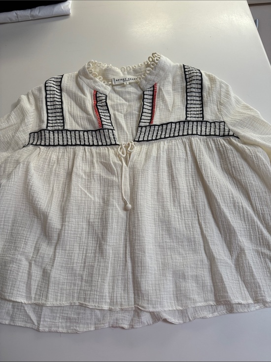Apiece Apart Tops - Apiece Apart White Gauze Peasant Blouse with Black & Red Embroidery